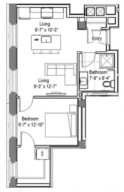 Floor plan for 1 bed, 1 bath, 518 sqft